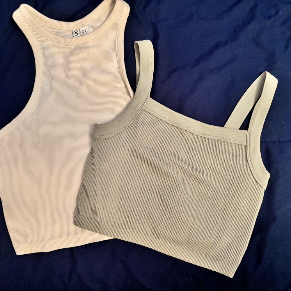 Stylish Women's Ribbed Tank Tops - Cream and Gray H&M and gray is Cotton On
